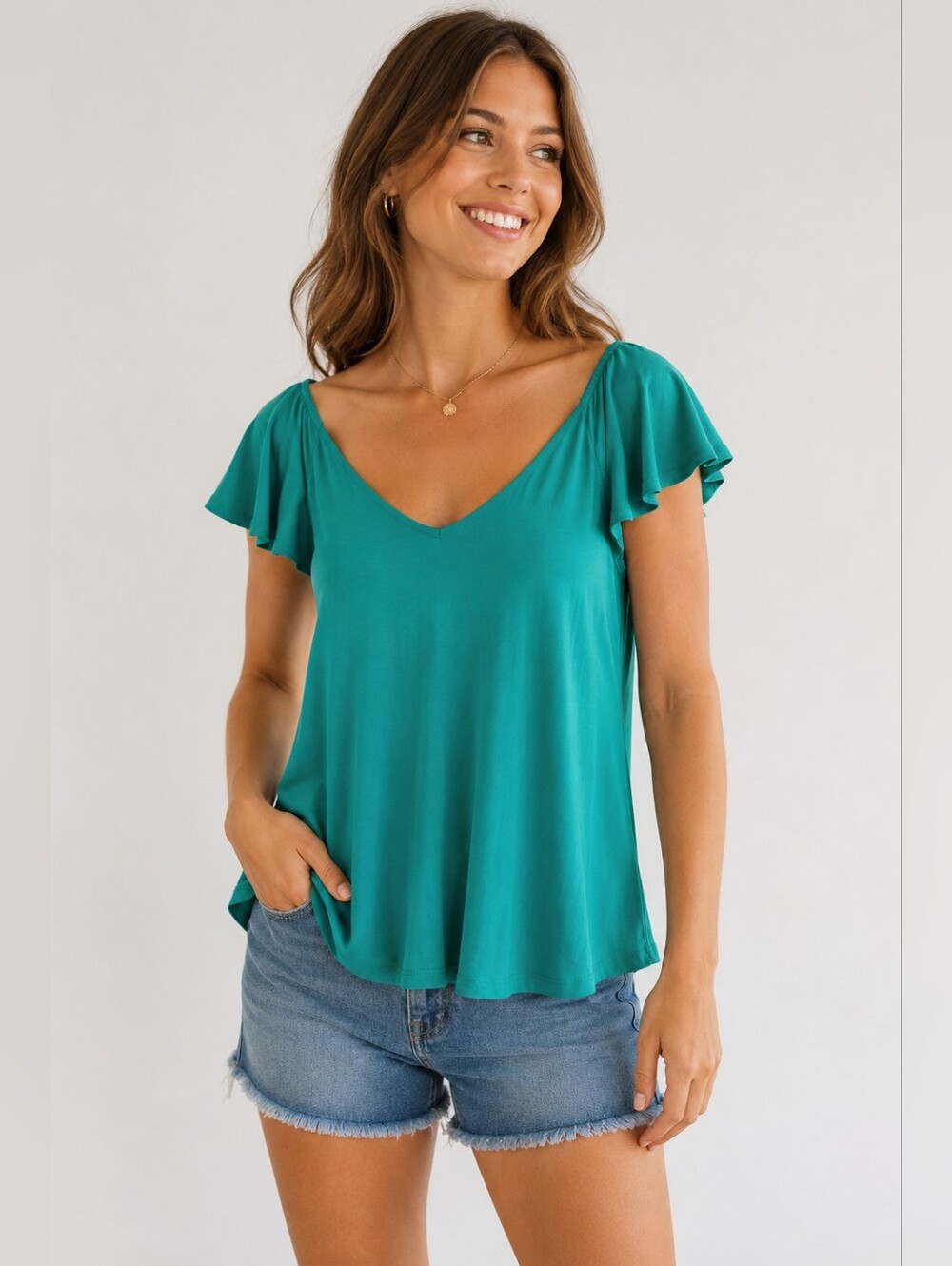 Green Envelope Ruffle Trim V-neck Top Green Teal Womens Small